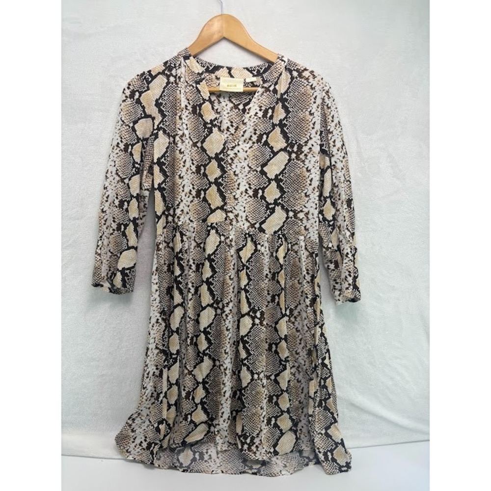 Anthropologie Maeve Juno Snake Print Dress Brown White Vneck Knee Length Sz S